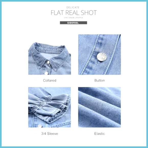 Smocked 3/4 Sleeve Button Down Denim Jean Dress Mini Loose Fit - Picture 6 of 7